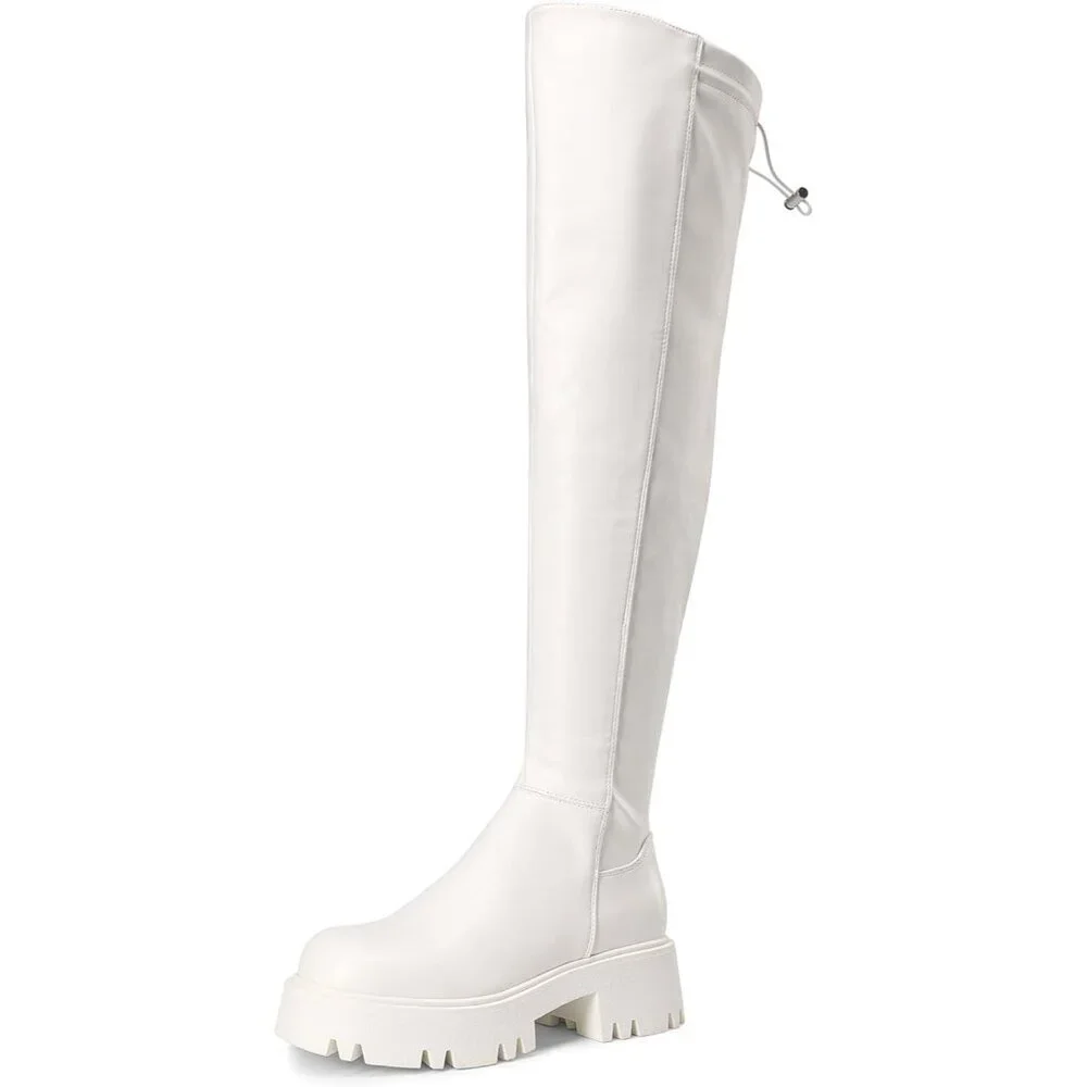 🆕Women's White-pu Faux Leather Over The Knee Lug Sole Round Toe Thigh High Boot